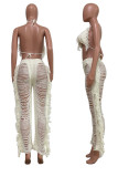 White Sexy Solid Tassel Hollowed Out Patchwork Halter Sleeveless Two Pieces