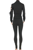 Black Casual Solid Bandage Hollowed Out Patchwork Turtleneck Long Sleeve Two Pieces