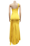 Brownness Fashion Sexy Solid Patchwork Backless Slit One Shoulder Evening Dress