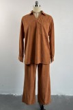Rust Red Casual Solid Patchwork Turndown Collar Long Sleeve Two Pieces