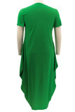 Army Green Casual Print Patchwork Asymmetrical O Neck Short Sleeve Dress Plus Size Dresses