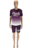 Purple Casual Gradual Change Letter Print Patchwork O Neck Short Sleeve Two Pieces
