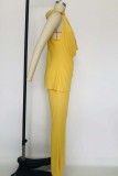 Yellow Casual Solid Patchwork Turndown Collar Sleeveless Two Pieces