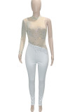 White Sexy Solid Patchwork See-through Asymmetrical Hot Drill Half A Turtleneck Skinny Jumpsuits