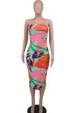 Red Yellow Sexy Print Backless Strapless Sleeveless Dress Dresses