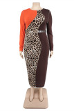 Café mode décontracté imprimé léopard Patchwork avec ceinture col rond manches longues robes de grande taille