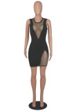 Black Fashion Sexy Patchwork Hollowed Out See-through O Neck Sleeveless Dress