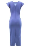 Black Casual Solid Patchwork Slit O Neck One Step Skirt Short Sleeve Dress