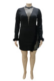 Black Sexy Solid Patchwork Feathers Hot Drill O Neck Pencil Skirt Plus Size Dresses