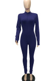 Royal Blue Casual Solid Patchwork Zipper Collar Skinny Jumpsuits