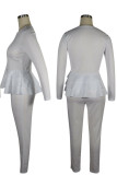 White Casual Solid Patchwork Flounce Zipper Collar Long Sleeve Two Pieces