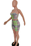 Fluorescent green Fashion Casual adult Ma'am Plaid Patchwork Two Piece Suits Straight Sleeveless Two Pieces