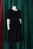 Zwart casual effen patchwork met strik O-hals A-lijn jurken