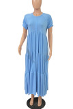 Blue Casual Solid Patchwork Fold O Neck A Line Dresses