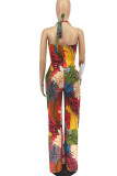 Yellow Casual Print Patchwork Halter Straight Jumpsuits