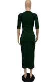 Army Green Casual Solid Patchwork O Neck Straight Dresses