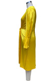 Gul Casual Solid Patchwork Vik O-hals raka klänningar