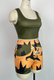 Army Green Casual Print Patchwork U Neck Sleeveless Two Pieces
