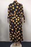 Yellow Casual Dot Print Patchwork Turndown Collar Long Dress Plus Size Dresses