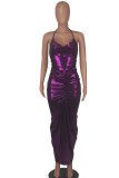 Purple Sexy Solid Patchwork Backless Fold Halter One Step Skirt Dresses
