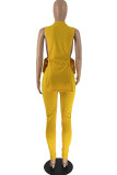 Желтая мода Повседневная сплошная повязка с разрезом Половина водолазки без рукавов Две части