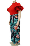 Red Casual Print Patchwork O Neck Plus Size Two Pieces