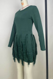 Ink Green Casual Solid Tassel Patchwork O Neck One Step Skirt Dresses