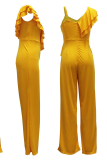 Yellow Casual Solid Patchwork Spaghetti Strap Boot Cut Jumpsuits