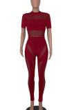 Burgundy Sexy Solid Patchwork See-through O Neck Skinny Jumpsuits