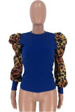 Blauwe mode casual print luipaard patchwork tops met O-hals