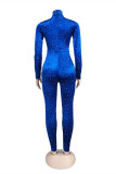 Blå Mode Sexig Patchwork Hot Drilling Patchwork Turtleneck Skinny Jumpsuits