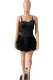 Black Sexy Solid Patchwork Feathers Strapless Sleeveless Two Pieces
