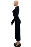 Black Casual Solid Patchwork Slit V Neck Pencil Skirt Dresses
