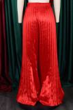 Calça de retalhos sólida casual vermelha com dobra cintura alta perna larga cor lisa