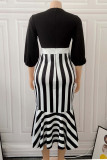 Black Casual Work Elegant Striped Patchwork Flounce O Neck Irregular Dress Dresses