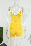 Due pezzi senza maniche con cinturino per spaghetti trasparente senza spalline trasparente patchwork giallo sexy