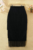 Retalhos de borla moda preta regular de cintura alta retas retas de cor sólida