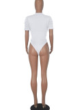 White Casual Solid Patchwork Fold V Neck Skinny Bodysuits