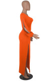 オレンジ セクシー フォーマル 無地 バックレス スリット 斜め襟 長袖ドレス