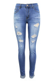 Light Blue Casual Solid Mid Waist Skinny Ripped Denim Jeans