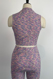 Purple Casual Print Patchwork Zipper Collar Sleeveless Two Pieces
