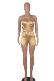 Gold Sexy Solid Patchwork Spaghetti Strap Skinny Rompers