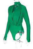Grüner, sexy, einfarbiger, ausgehöhlter Patchwork-Body mit halbem Rollkragen