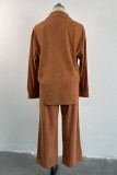 Rust Red Casual Solid Patchwork Turndown Collar Long Sleeve Two Pieces