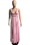 Pink Fashion Casual Solid Patchwork Slit V Neck Sleeveless Dress