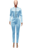 Light Blue Casual Solid Patchwork Zipper Hooded Collar Long Sleeve Two Pieces