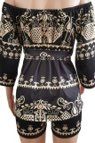 Champagne Casual Elegant Print Patchwork Off the Shoulder Three Quarter Two Pieces
