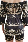 Vit Casual Elegant Print Patchwork Off the Shoulder Three Quarter Two Pieces