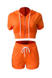 オレンジファッションカジュアルソリッドベーシックフード付きカラー半袖ツーピース