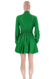 Green Fashion Casual Solid Patchwork Buckle Fold Mandarin Collar A Line Dresses